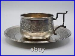 Belle Tasse A Cafe Et Sous-tasse En Argent Massif Poincon Minerve Art Nouveau