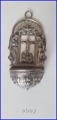 Bénitier en Argent Massif Poinçon Christ entouré d'Ange 11,5 cm