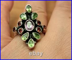 Bijou Argent Massif Poinçonné Bague Améthyste Peridote Grenat