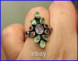Bijou Argent Massif Poinçonné Bague Améthyste Peridote Grenat