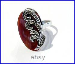 Bijou argent massif poinçon minerve bague cornaline réhaussée marcassites T 60