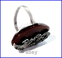 Bijou argent massif poinçon minerve bague cornaline réhaussée marcassites T 60