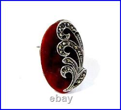 Bijou argent massif poinçon minerve bague cornaline réhaussée marcassites T 60