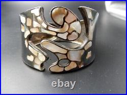 Bracelet Manchette 1980 Argent 925 poinçon & arabesque de Nacre signé Gc 90 gr