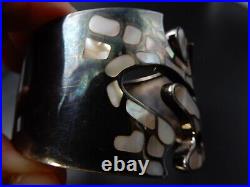 Bracelet Manchette 1980 Argent 925 poinçon & arabesque de Nacre signé Gc 90 gr