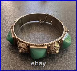 Bracelet Manchette Art Déco Argent Massif 800 Poinçon Crabe & Cabochons Verts