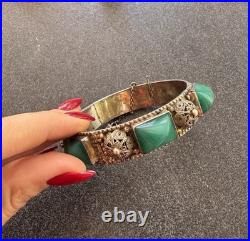 Bracelet Manchette Art Déco Argent Massif 800 Poinçon Crabe & Cabochons Verts