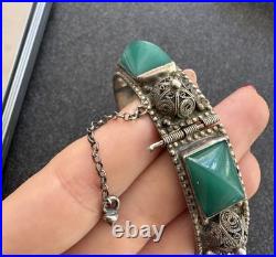 Bracelet Manchette Art Déco Argent Massif 800 Poinçon Crabe & Cabochons Verts
