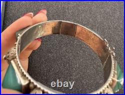 Bracelet Manchette Art Déco Argent Massif 800 Poinçon Crabe & Cabochons Verts