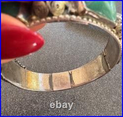 Bracelet Manchette Art Déco Argent Massif 800 Poinçon Crabe & Cabochons Verts