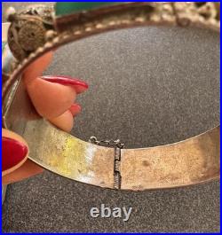 Bracelet Manchette Art Déco Argent Massif 800 Poinçon Crabe & Cabochons Verts