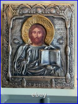 Charmante icône du Christ Riza en argent massif, Poinçon 925 Ancona
