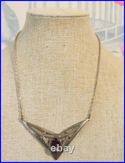 Collier Ancien en Argent Massif Améthyste 925 Poinçonné Art Déco Vers 1930