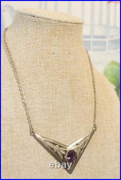 Collier Ancien en Argent Massif Améthyste 925 Poinçonné Art Déco Vers 1930