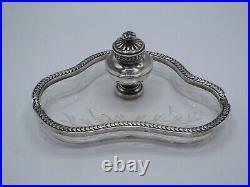 Encrier En Argent Massif Poincon Minerve Et Cristal Frise Feuilles De Lauriers