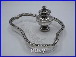 Encrier En Argent Massif Poincon Minerve Et Cristal Frise Feuilles De Lauriers