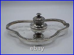 Encrier En Argent Massif Poincon Minerve Et Cristal Frise Feuilles De Lauriers