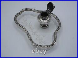 Encrier En Argent Massif Poincon Minerve Et Cristal Frise Feuilles De Lauriers