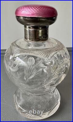 Flacon En Cristal Taillé Et Bouchon Argent Massif Anglais Poinçon Lion Art Deco