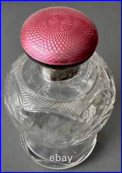 Flacon En Cristal Taillé Et Bouchon Argent Massif Anglais Poinçon Lion Art Deco