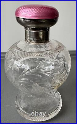 Flacon En Cristal Taillé Et Bouchon Argent Massif Anglais Poinçon Lion Art Deco