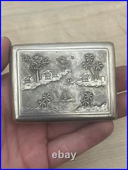 Joli Etui boite Argent massif Vietnam Vietnamien Poinçon 900 Paysage 73 Gr