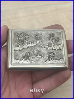 Joli Etui boite Argent massif Vietnam Vietnamien Poinçon 900 Paysage 73 Gr