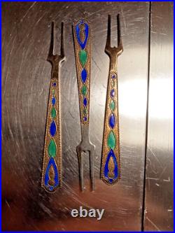 Lot de 3 petites fourchettes Argent Massif Emaille Cloisonnés Russe poincon 875