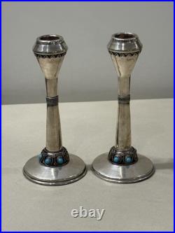 Paire De Bougeoir Argent Massif Poinçon 925 Judaisme Israël Sertie Turquoise