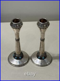 Paire De Bougeoir Argent Massif Poinçon 925 Judaisme Israël Sertie Turquoise