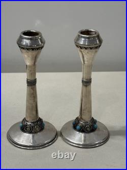 Paire De Bougeoir Argent Massif Poinçon 925 Judaisme Israël Sertie Turquoise