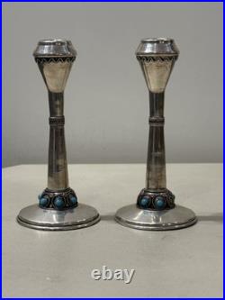 Paire De Bougeoir Argent Massif Poinçon 925 Judaisme Israël Sertie Turquoise