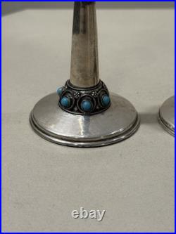 Paire De Bougeoir Argent Massif Poinçon 925 Judaisme Israël Sertie Turquoise