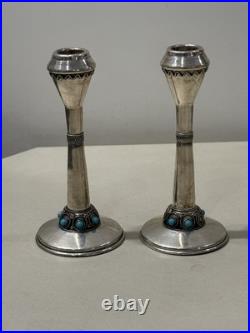 Paire De Bougeoir Argent Massif Poinçon 925 Judaisme Israël Sertie Turquoise