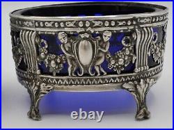 Paire De Salerons En Argent Massif Poincon Minerve Et Verre Bleu Style 18 Eme