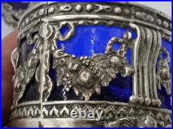 Paire De Salerons En Argent Massif Poincon Minerve Et Verre Bleu Style 18 Eme