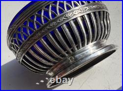 Paire De Salerons + Pelles A Sel En Argent Massif Poincon Minerve Verre Bleu