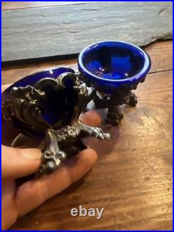 Paire de Salière de table Argent Massif Poinçon Minerve & Verre Bleu