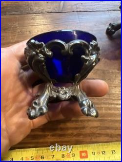 Paire de Salière de table Argent Massif Poinçon Minerve & Verre Bleu