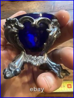 Paire de Salière de table Argent Massif Poinçon Minerve & Verre Bleu