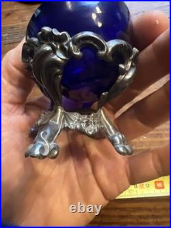 Paire de Salière de table Argent Massif Poinçon Minerve & Verre Bleu