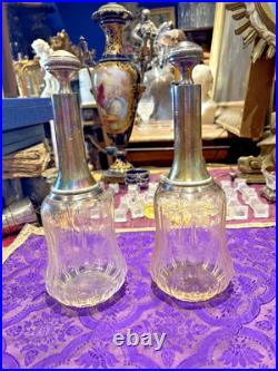 Paire de carafes cristal gravé et argent massif poincon minerve ep XIXe