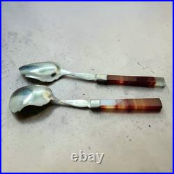 Paire service argent massif 800 manche agate cuillères Sucre Et Thè poinçon XIXe