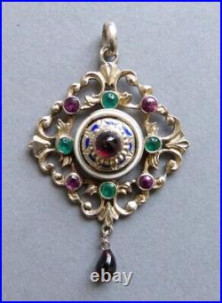 Pendentif vermeil argent massif + émail + pierres silver bijou ancien poinçon ET