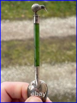 Rare Cuillère Poinçons Argent Massif Anglais Jade Nouvelle-zélande Kiwi Antique