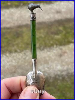 Rare Cuillère Poinçons Argent Massif Anglais Jade Nouvelle-zélande Kiwi Antique