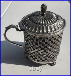 Rare Moutardier En Argent Massif Poincon 1 Er Coq Province 1798 Et Verre Bleu