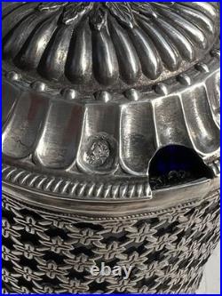 Rare Moutardier En Argent Massif Poincon 1 Er Coq Province 1798 Et Verre Bleu