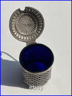 Rare Moutardier En Argent Massif Poincon 1 Er Coq Province 1798 Et Verre Bleu