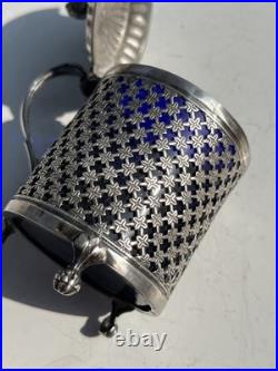 Rare Moutardier En Argent Massif Poincon 1 Er Coq Province 1798 Et Verre Bleu